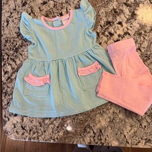 Stitchy Fish - 18m - Striped Aqua & Pink Ruffle Pocket Dress with Pink Leggings